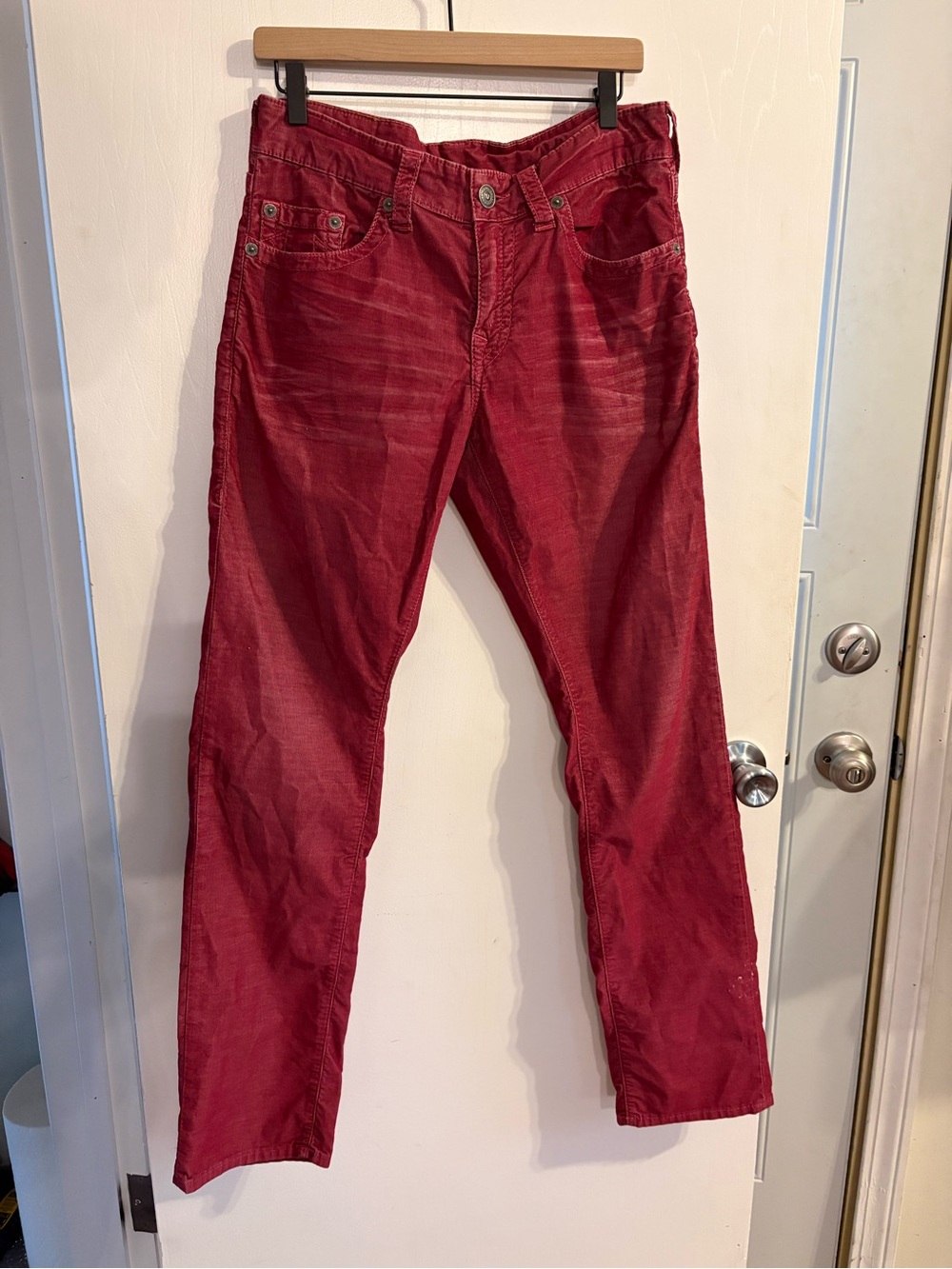True Religion Men's Slim Straight Corduroy Jeans in Burgundy